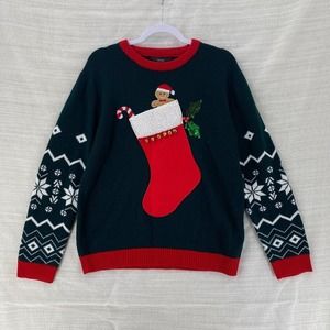 Forever 21 Christmas‎ Sweater Womens MED Holiday Metallic Gingerbread Stocking